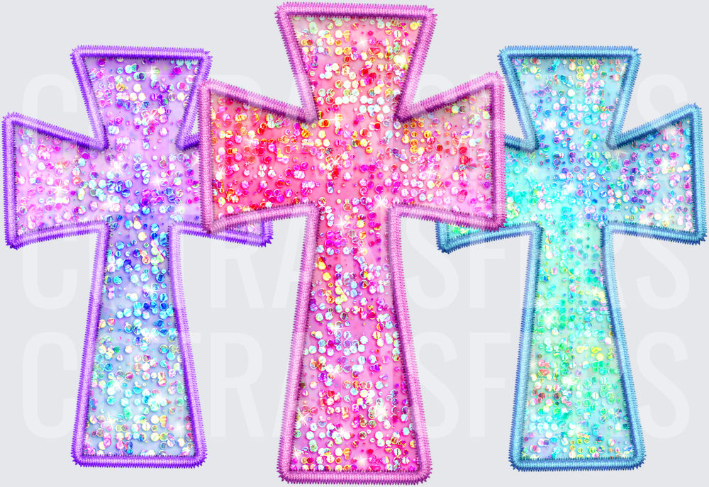 Triple Glitter Rhinestone Embroidered Cross Set (DTF)