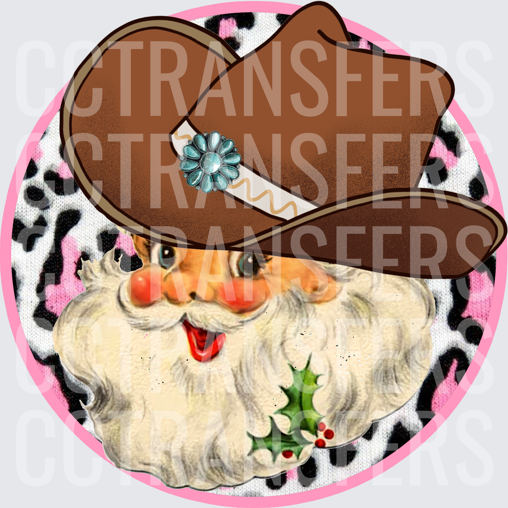 Retro Santa Cowboy Hat Turquoise Concho Pink Leopard (DTF)