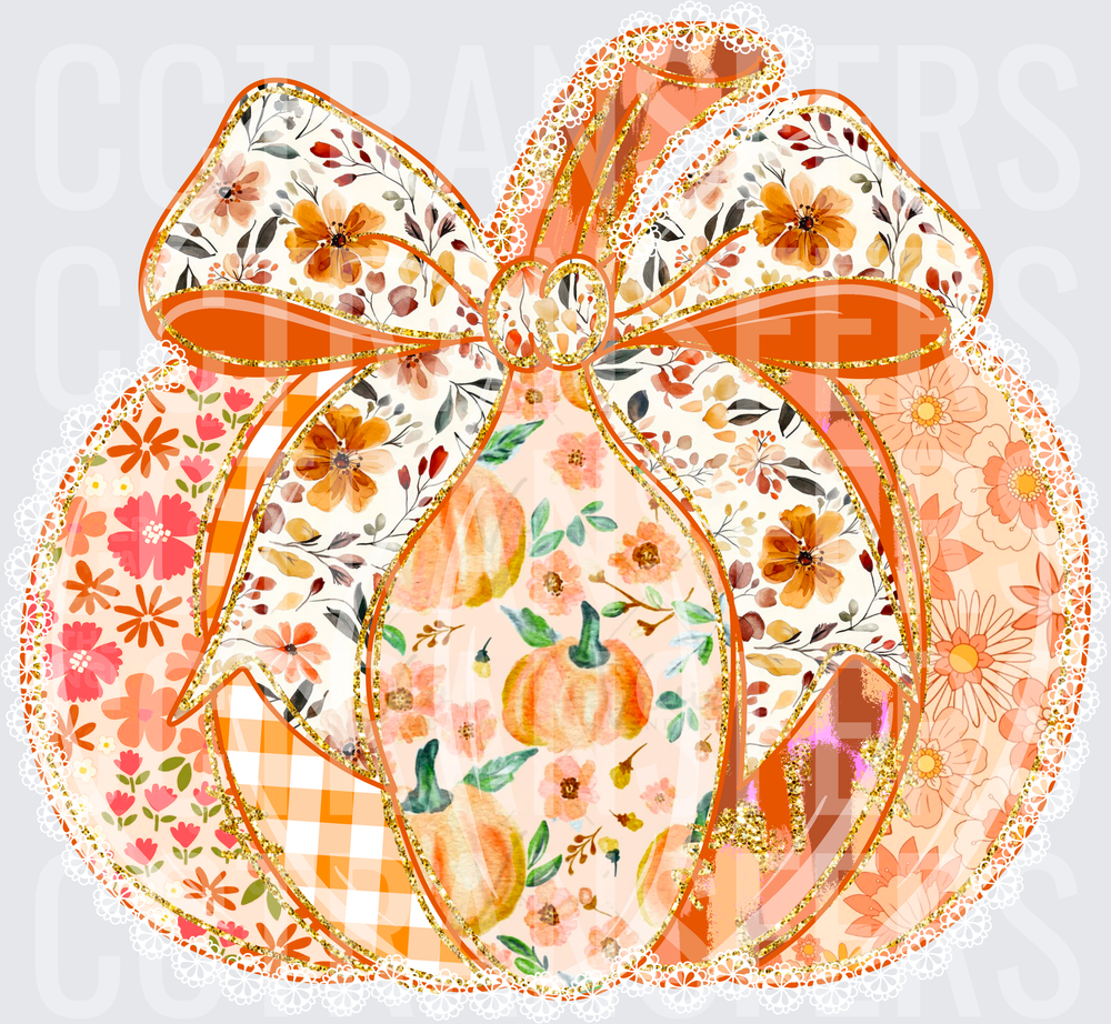Patchwork Floral Pumpkin with Gold Glitter Bow (DTF)
