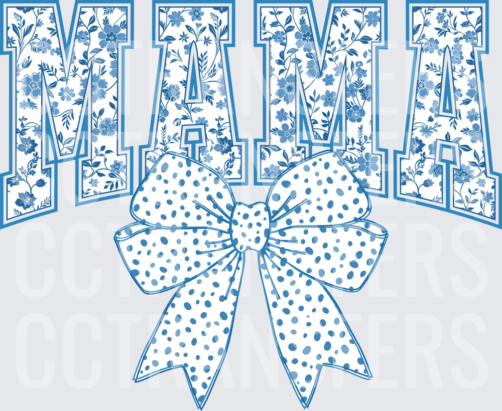 Blue Floral Varsity MAMA with Polka Dot Bow (DTF)
