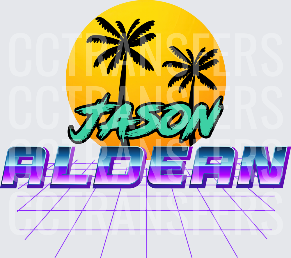 Retro 80s Jason Aldean Palm Tree Sunset Grid (DTF)