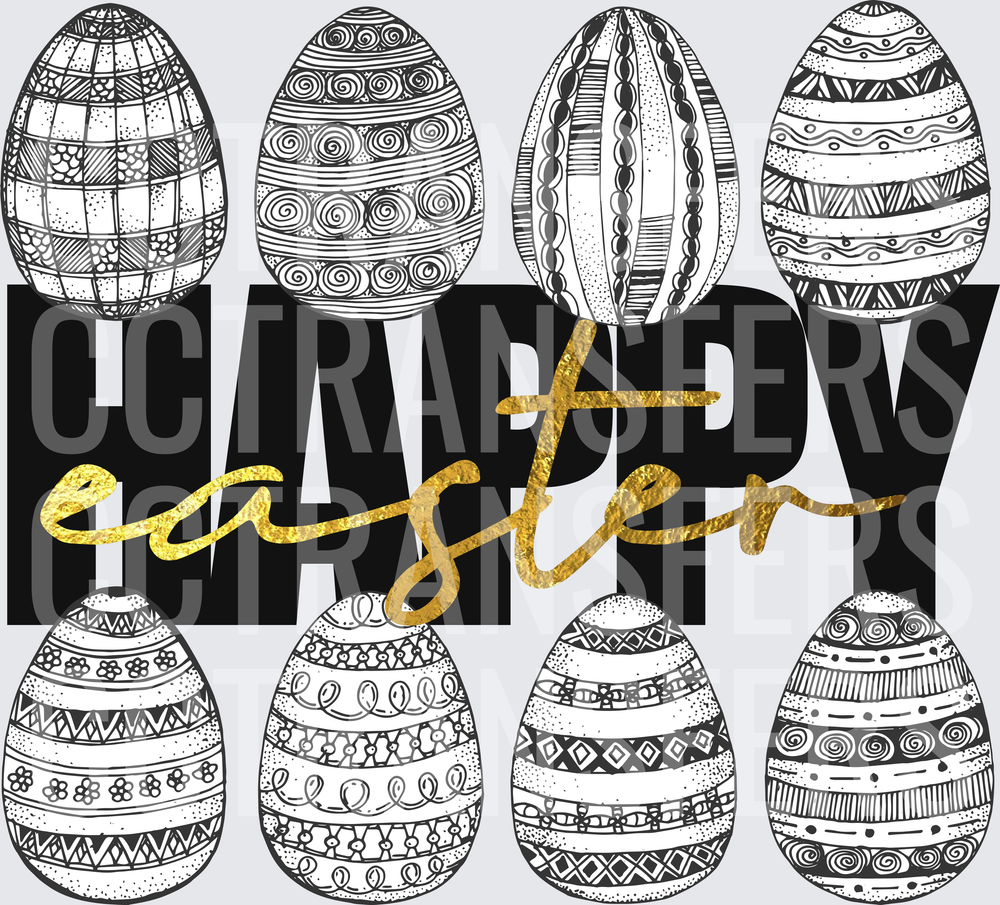 Happy Easter Bold Black Gold Script Zentangle Eggs (DTF)