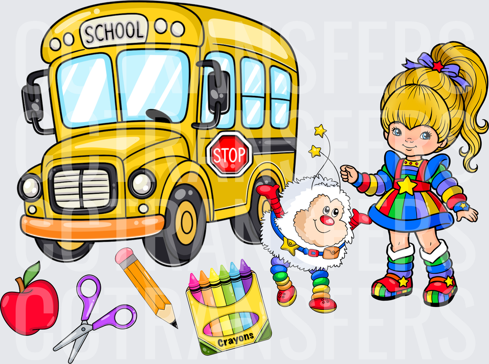 Rainbow Girl & Fluffy Friend Back to School Bus (DTF)