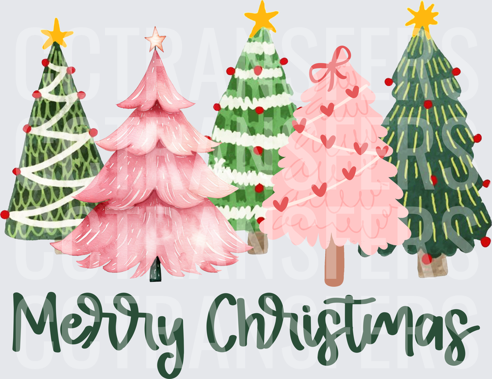 Merry Christmas Watercolor Holiday Trees Pink Green (DTF)