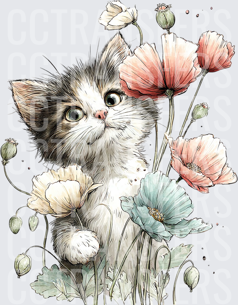 Fluffy Kitten Among Pastel Poppy Wildflowers (DTF)