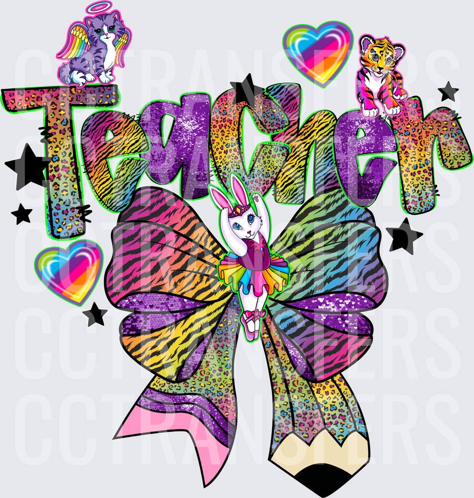 Teacher Rainbow Animal Print Bow Bunny Tiger Cat DTF