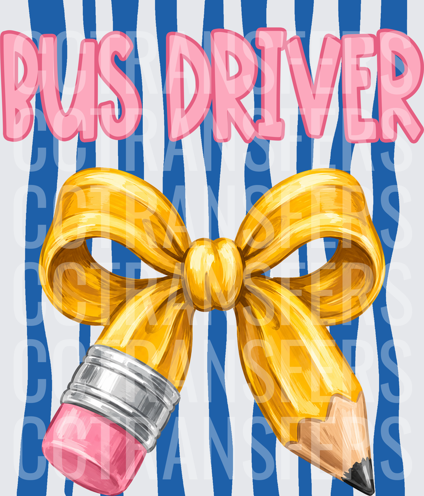 Bus Driver Gold Bow Pencil Blue Stripe (DTF)
