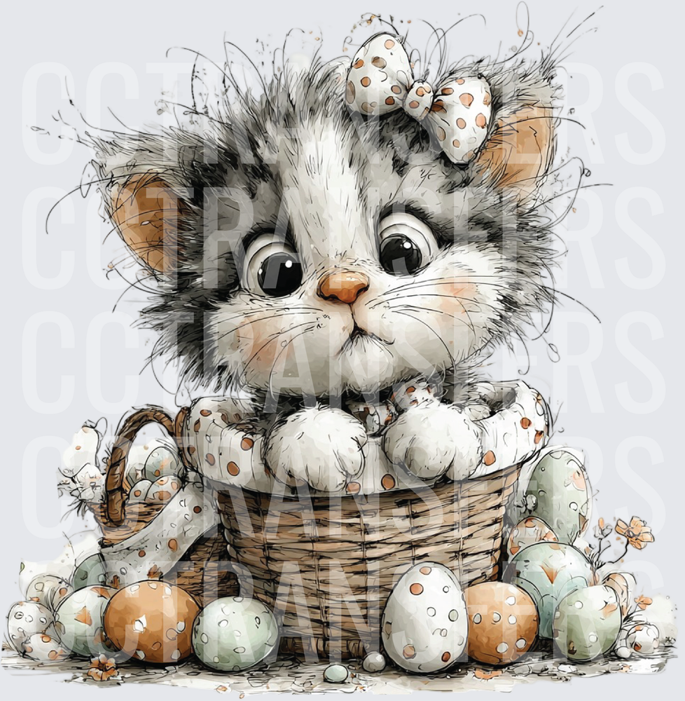 Fluffy Kitten in Easter Basket with Speckled Eggs (DTF)