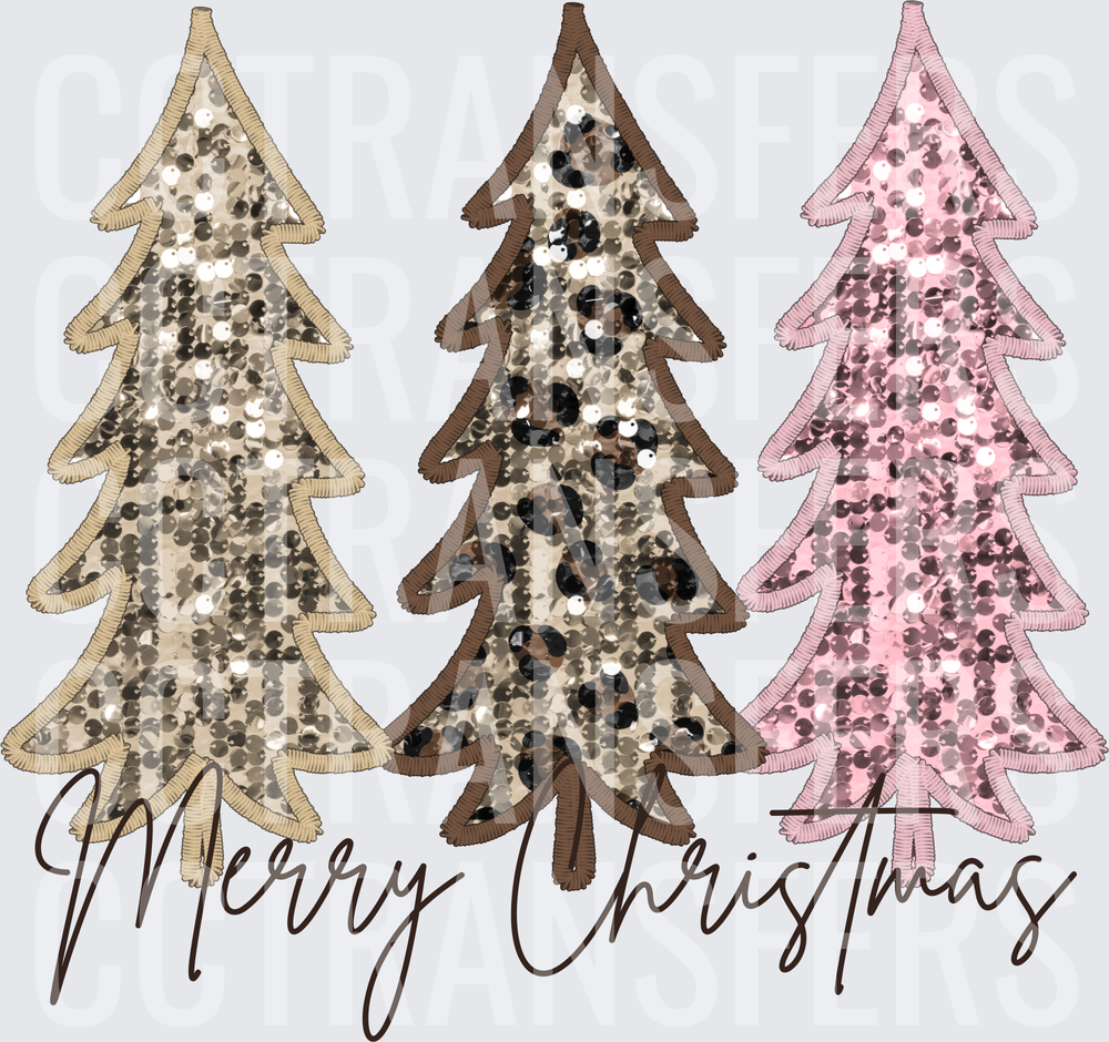 Merry Christmas Sequin Embroidered Trees Trio (DTF)