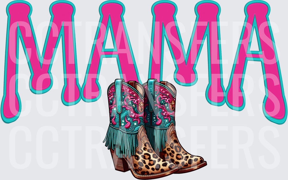 Mama Bold Pink Teal Leopard Fringe Cowboy Boots (DTF)