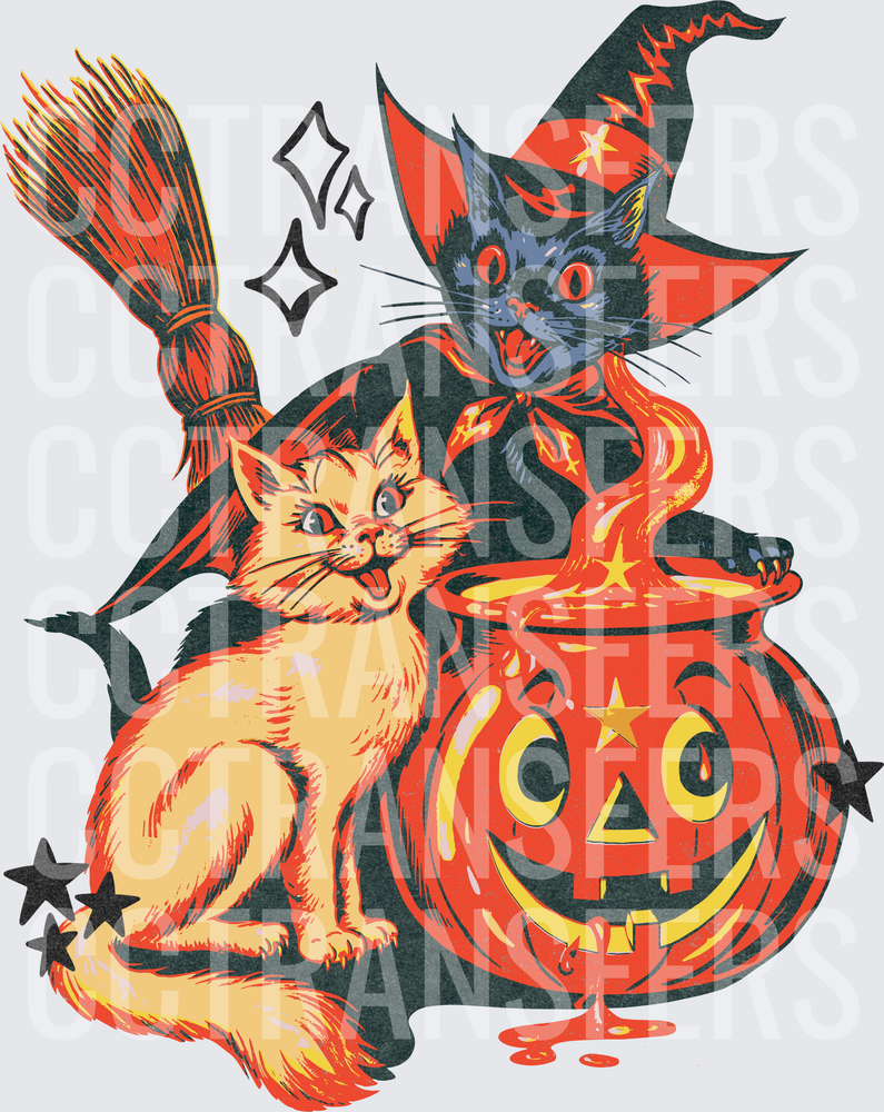 Vintage Halloween Cats Witch Hat Cauldron Broom Stars (DTF)