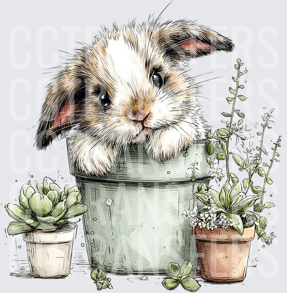 Fluffy Bunny Sitting in Galvanized Pot with Succulents (DTF)