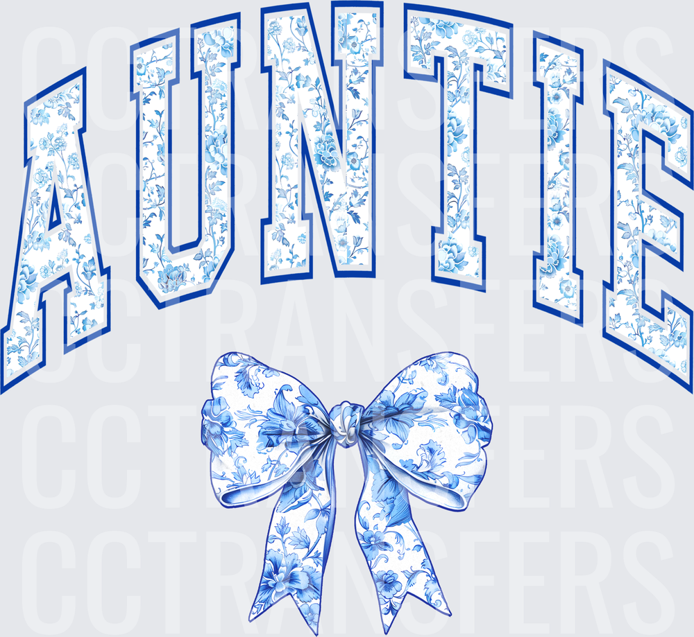 Auntie Blue Floral Varsity Letters with Bow (DTF)