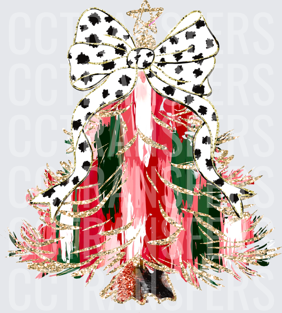 Glitter Christmas Tree Dalmatian Bow Gold Star Topper (DTF)