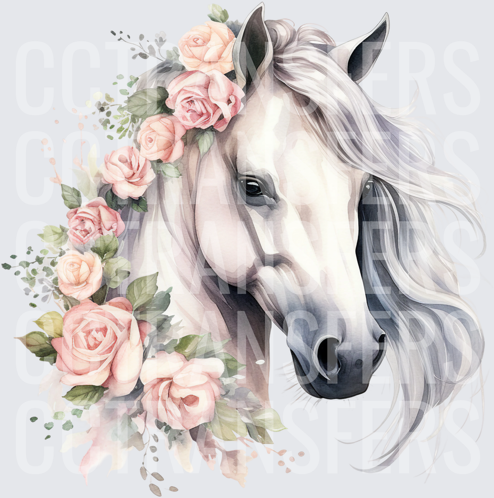 Watercolor White Horse with Pink Rose Floral Wreath (DTF)