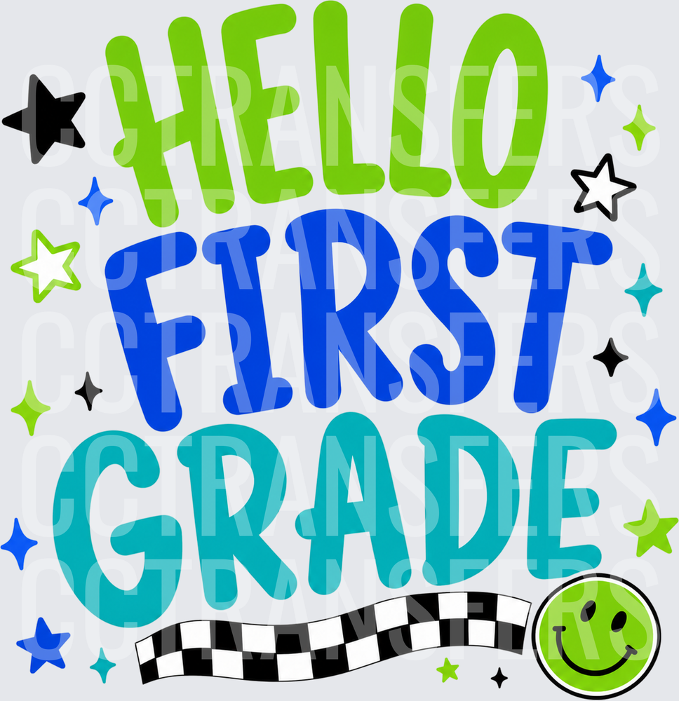 Hello First Grade Bold Colorful Stars Smiley Face (DTF)
