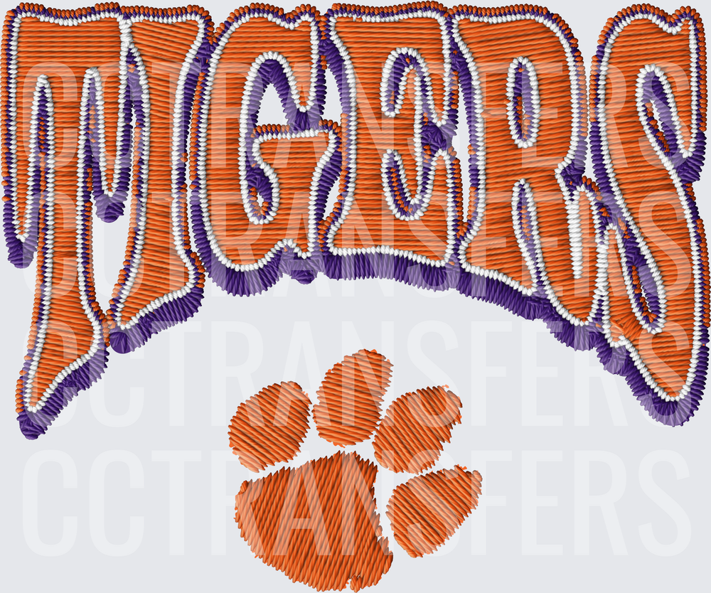 Tigers Embroidery Style Orange Purple Paw Print (DTF)