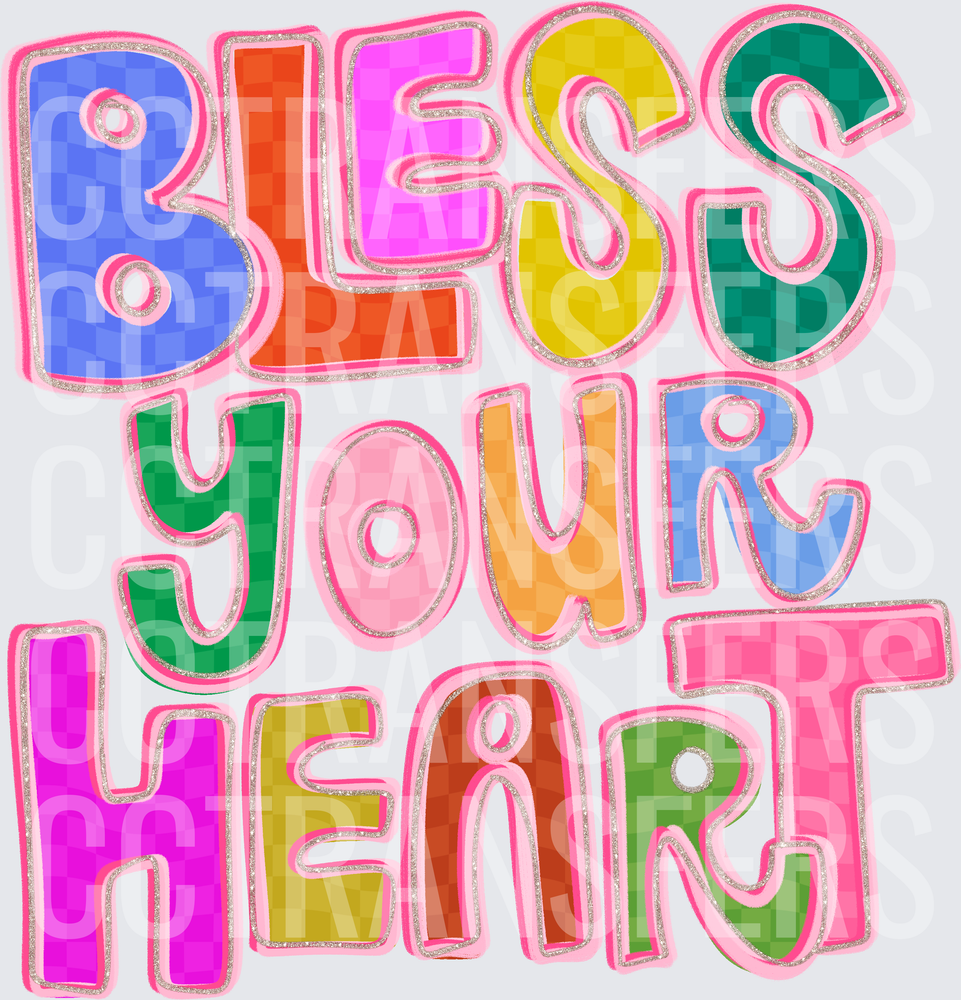 Bless Your Heart Colorful Checkered Glitter Bold Letters (DTF)