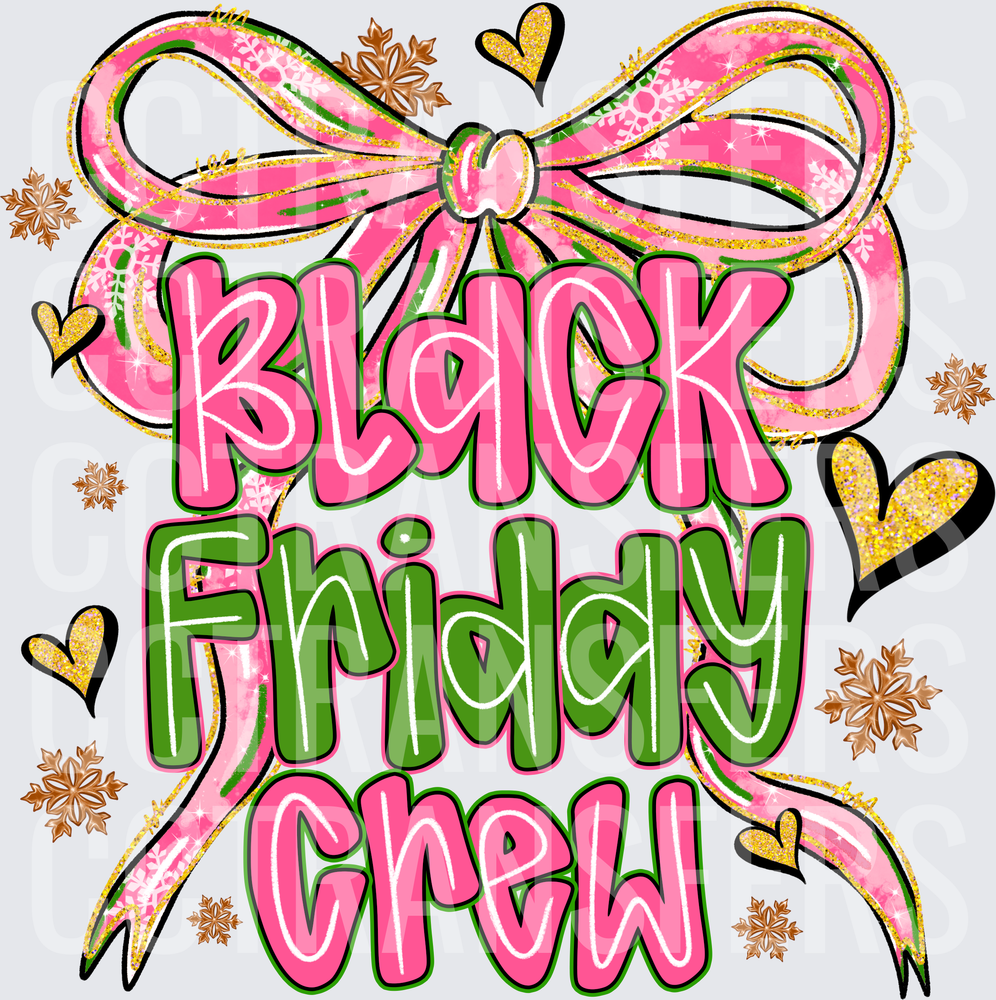 Black Friday Crew Pink Bow Gold Hearts Snowflakes (DTF)