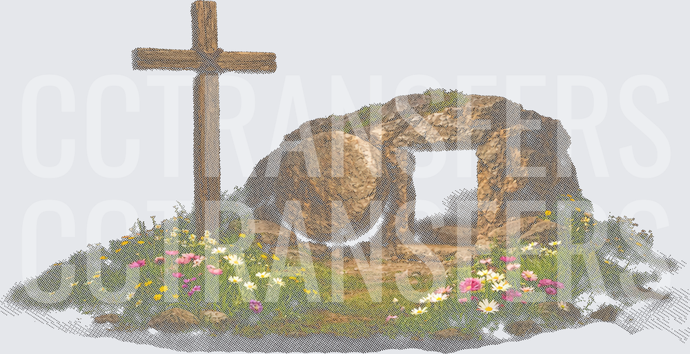 Wooden Cross Empty Stone Tomb Spring Wildflowers (DTF)