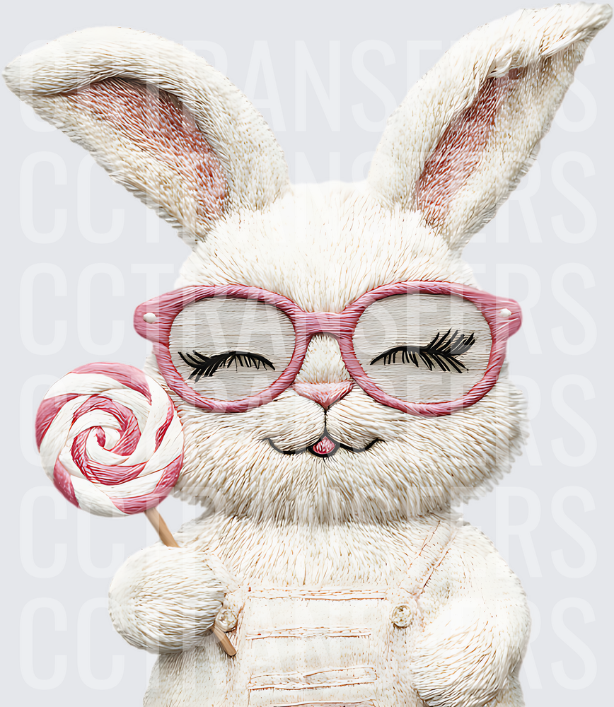 Cute White Bunny Pink Glasses Holding Lollipop (DTF)
