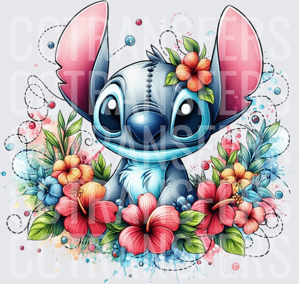 Cute Blue Alien with Tropical Hibiscus Flowers (DTF)