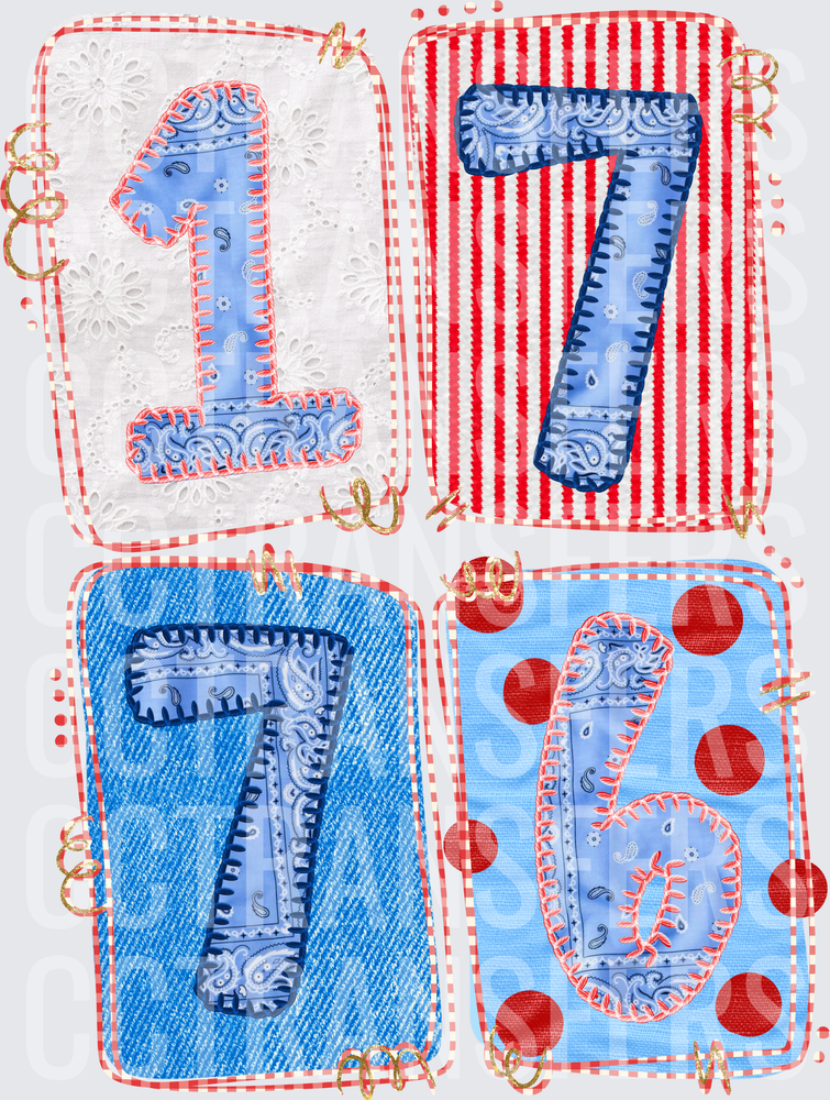 Paisley Patchwork Numbers 1 7 6 Red White Blue Fabric (DTF)