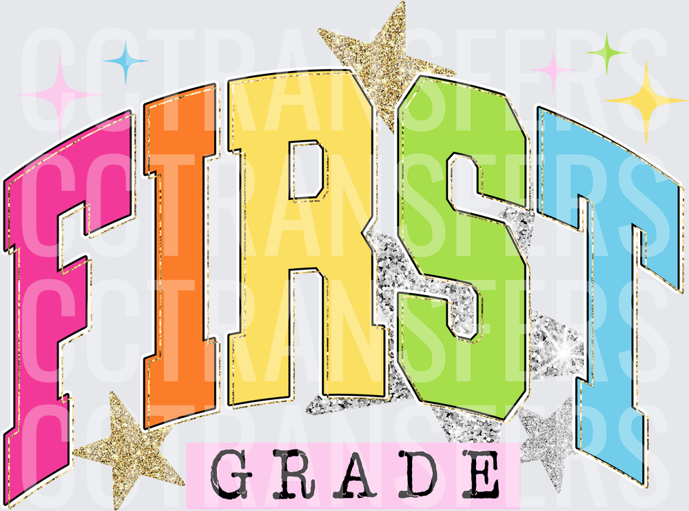 Colorful Arched First Grade Varsity Letters with Stars (DTF)