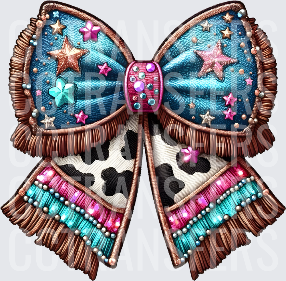 Denim Cowgirl Bow Cow Print Fringe Stars Rhinestones (DTF)