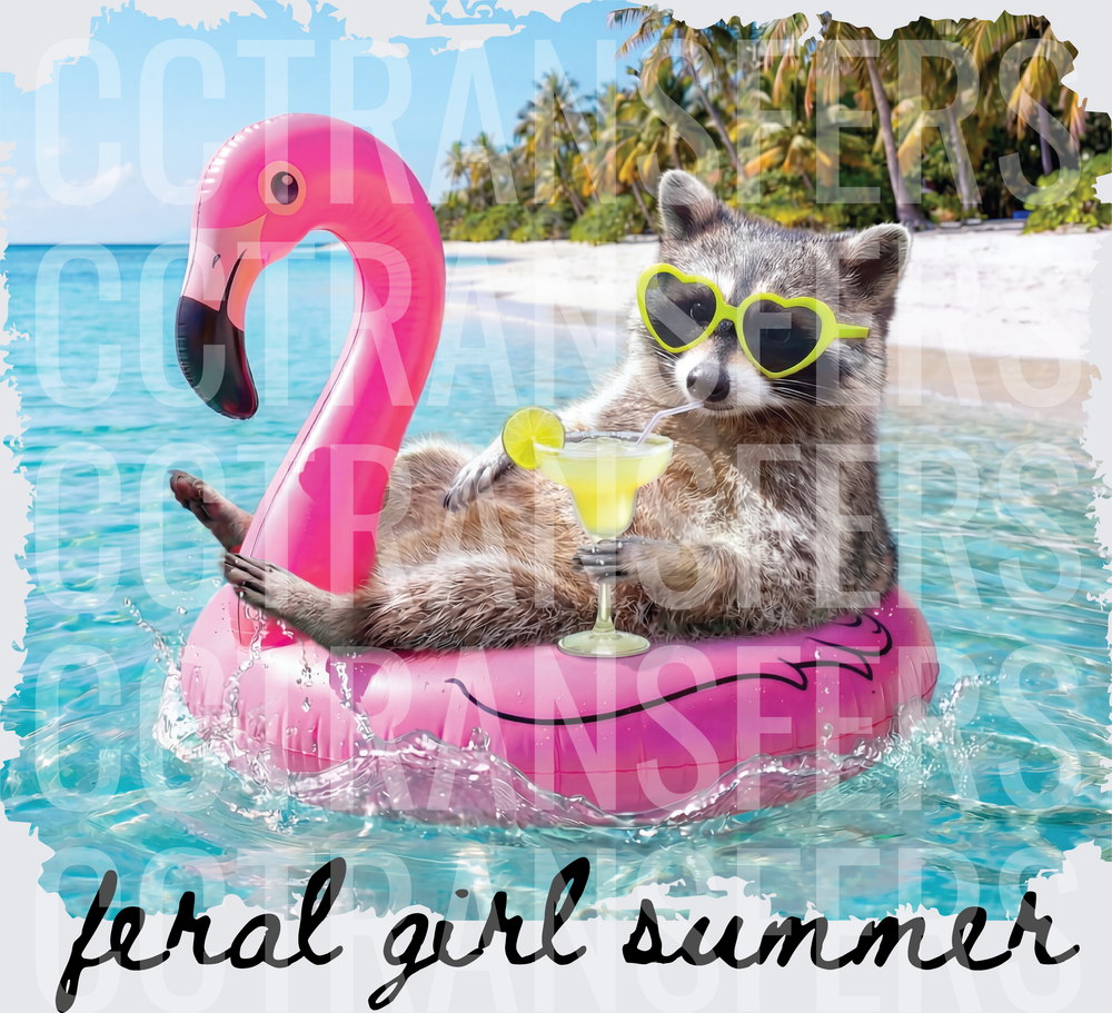 Feral Girl Summer Raccoon on Flamingo Float with Margarita (DTF)