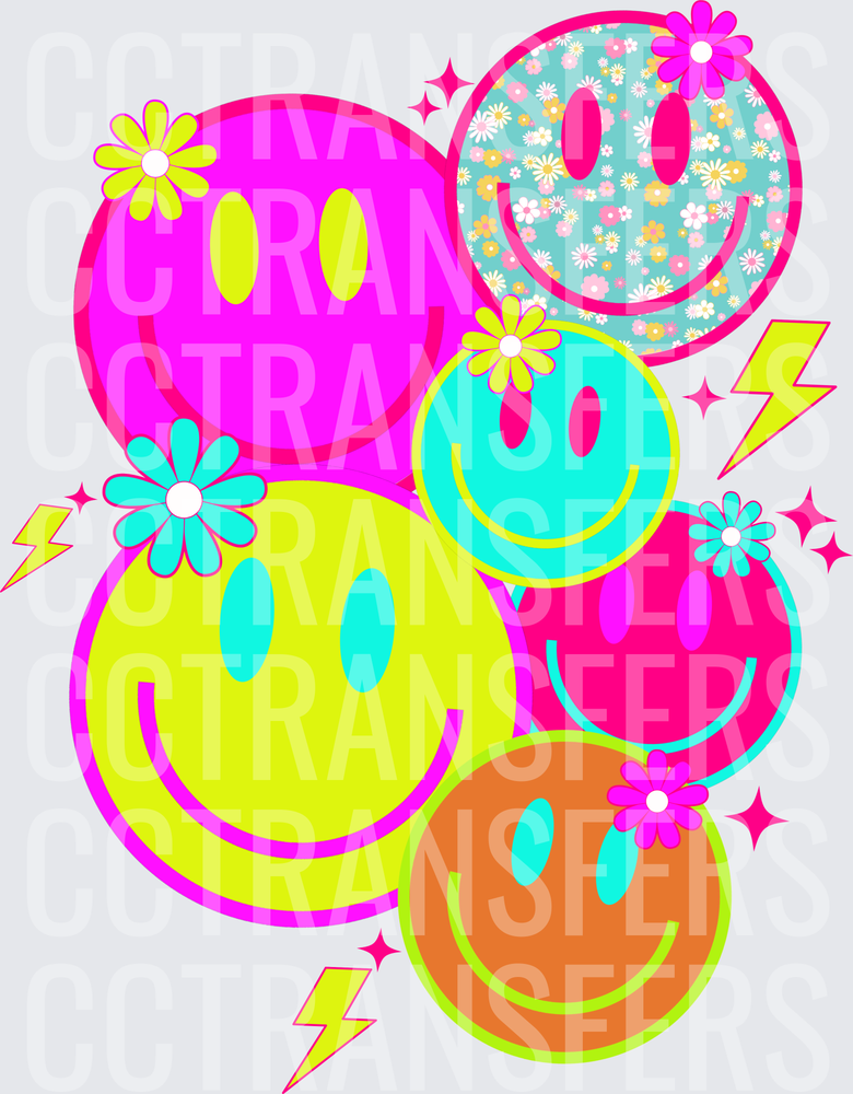 Retro Groovy Smiley Faces Flowers Lightning Bolts (DTF)
