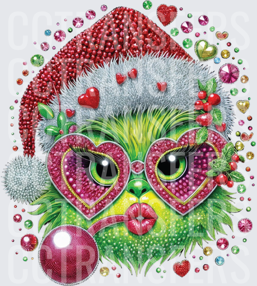 Glam Green G-Man Santa Hat Heart Glasses Rhinestone (DTF)