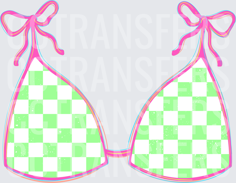Green White Checkered Bikini Top Pink Bow Tie Strings (DTF)
