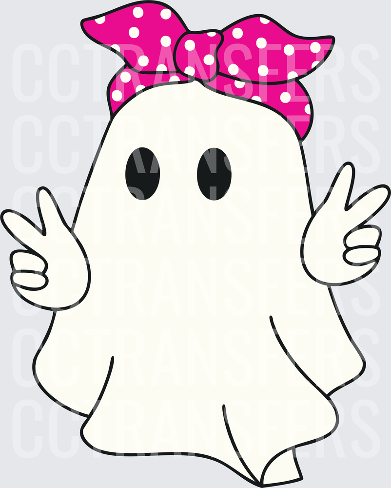 Cute Ghost Girl Pink Polka Dot Bow Peace Signs (DTF)