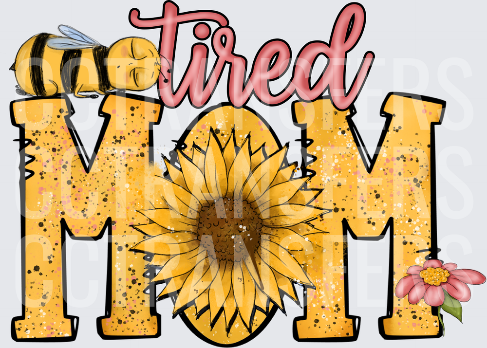Bee Tired Mom Sunflower Glitter Letters (DTF)