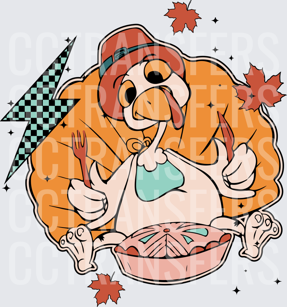 Cartoon Turkey Pilgrim Hat Holding Fork Pie Fall Leaves (DTF)
