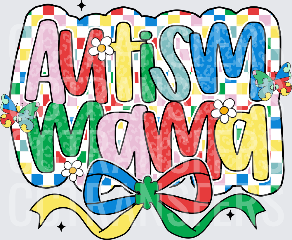 Autism Mama Colorful Leopard Checkerboard Bow Design (DTF)