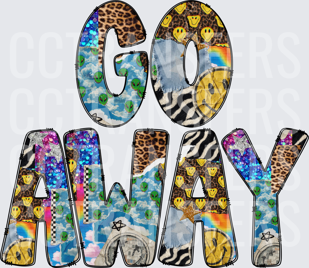 Go Away Patchwork Collage Leopard Smiley Alien Letters (DTF)