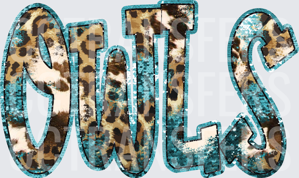 Owls Teal Sequin Leopard Cowhide Print (DTF)