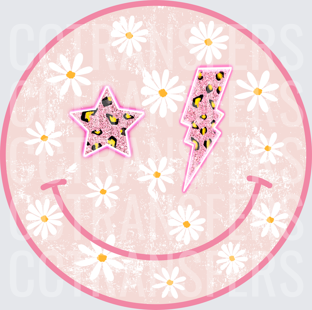 Pink Daisy Smiley Face Leopard Star Lightning Bolt (DTF)