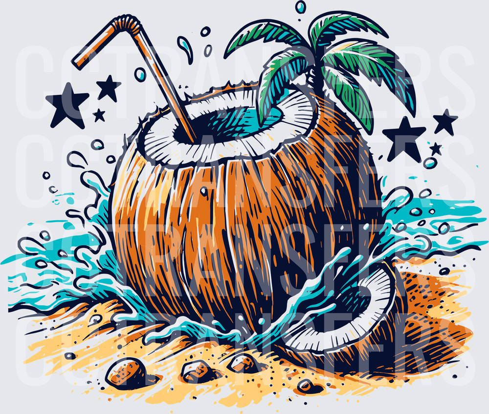 Tropical Coconut Drink with Palm Tree Beach Splash (DTF)