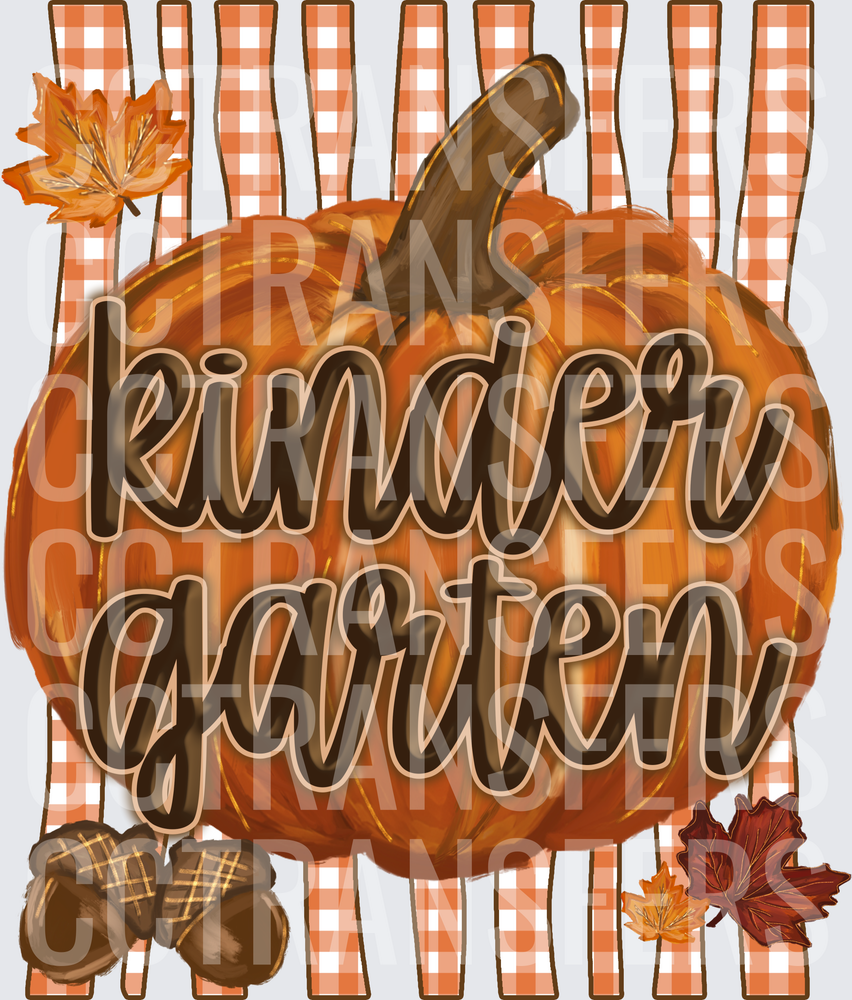Kindergarten Fall Pumpkin Gingham Autumn Leaves Acorns (DTF)