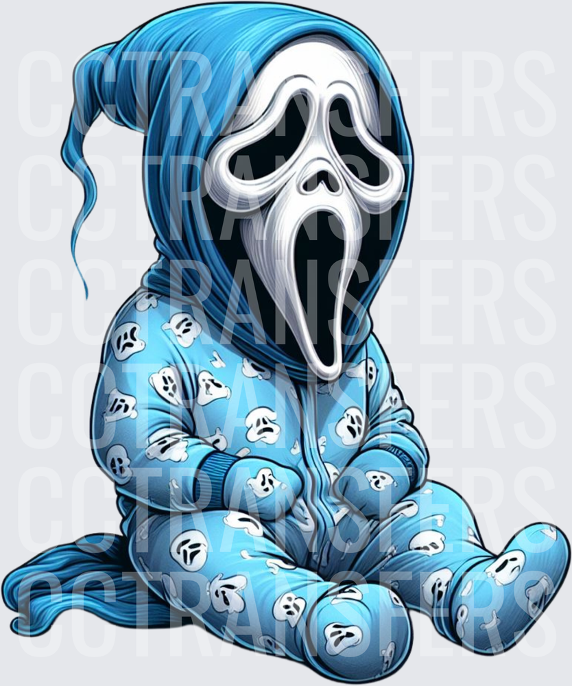 Cute Baby Horror Ghost Mask Blue Pajama Onesie Sitting (DTF)