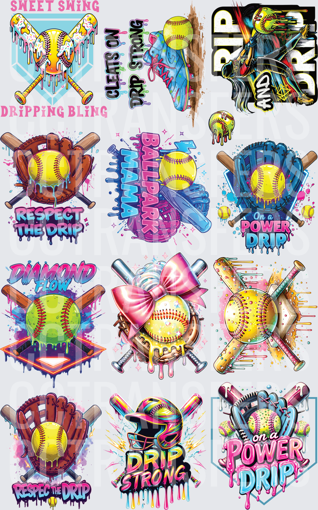 Softball Drip Graphic Bundle 12 Designs Sweet Swing Ballpark Mama Power Drip (DTF)