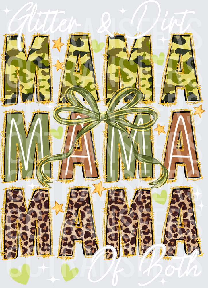 Mama Camo Leopard Stacked Bow Green Hearts Stars (DTF)