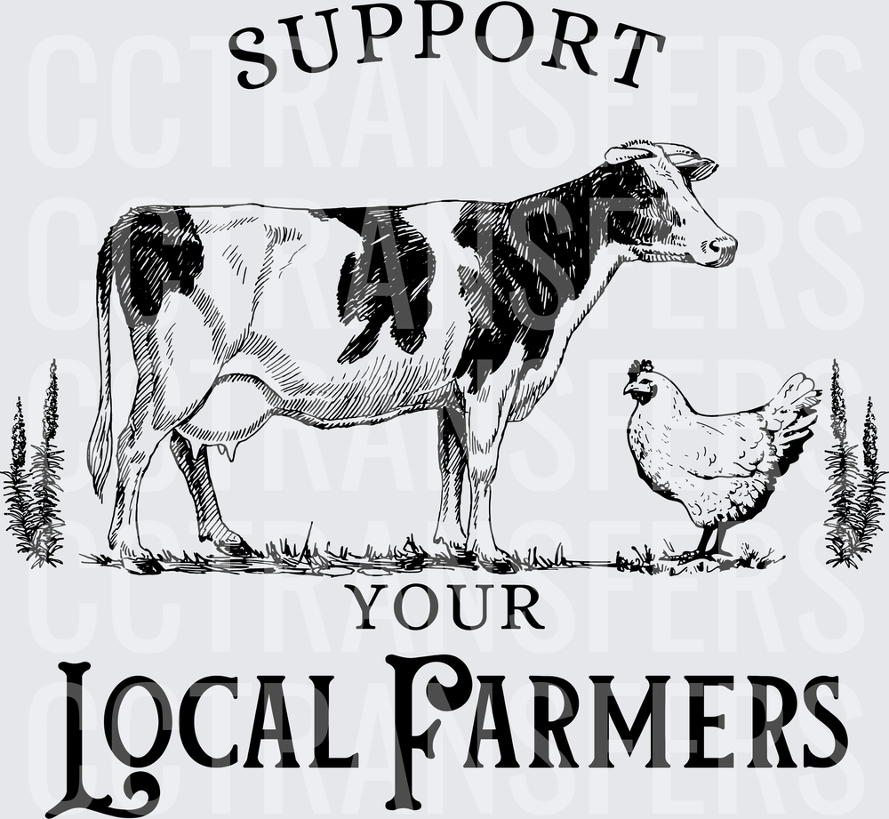 Support Your Local Farmers Cow and Hen Sketch (DTF)