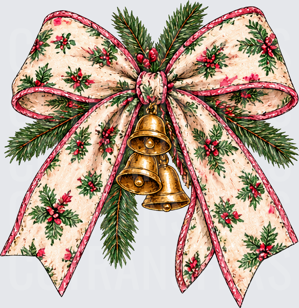 Vintage Holly Ribbon Bow with Gold Jingle Bells (DTF)