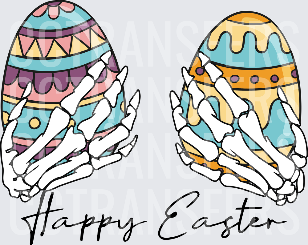 Happy Easter Skeleton Hands Holding Decorated Eggs (DTF)