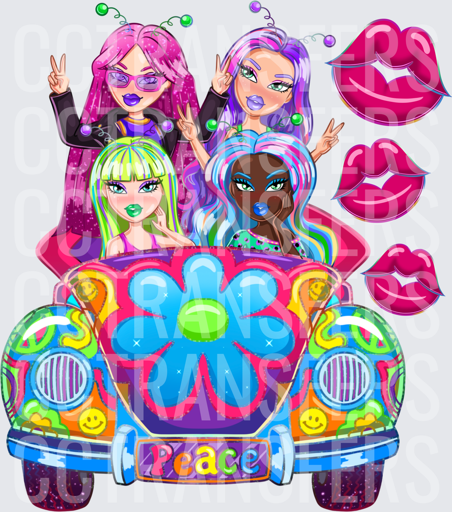 Groovy Peace Car Girls Squad with Lip Kisses (DTF)