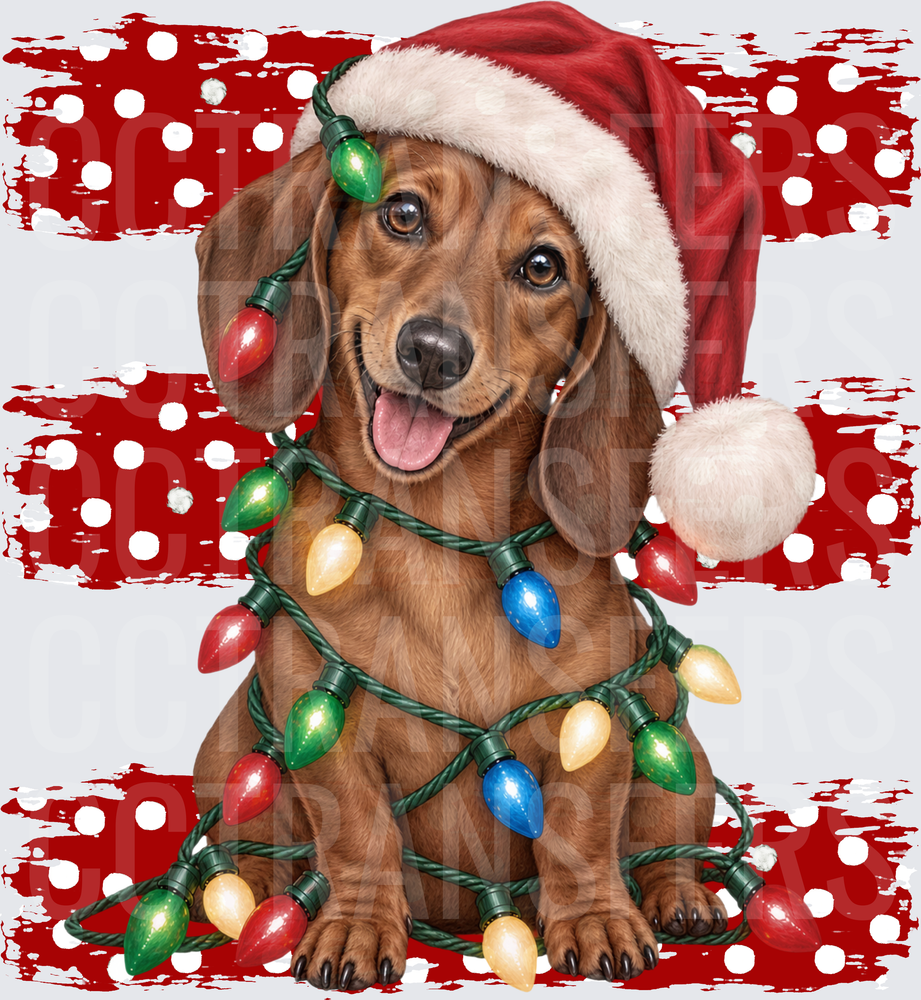 Dachshund Santa Hat Wrapped in Christmas Lights (DTF)